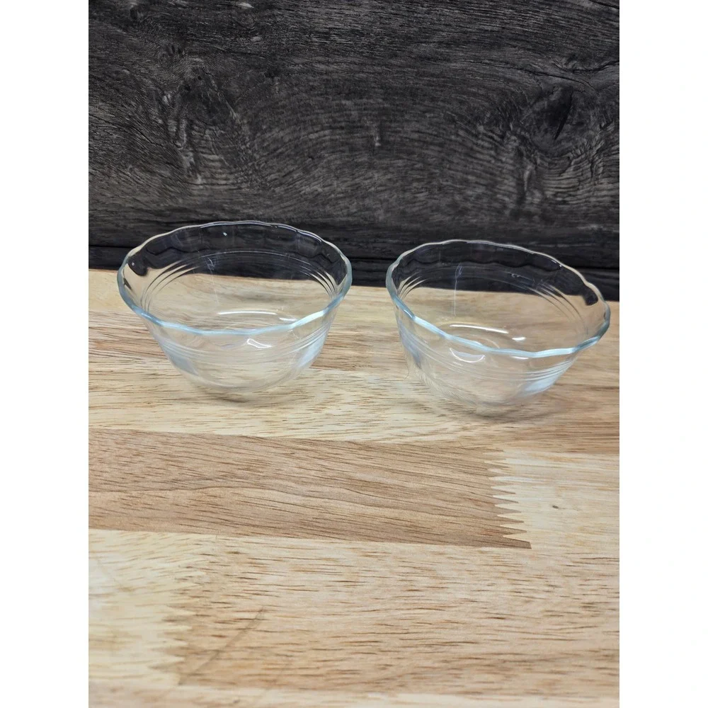 Vintage Corning Pyrex Clear Glass Scalloped Custard Cups Ramekins Set of 2 K23